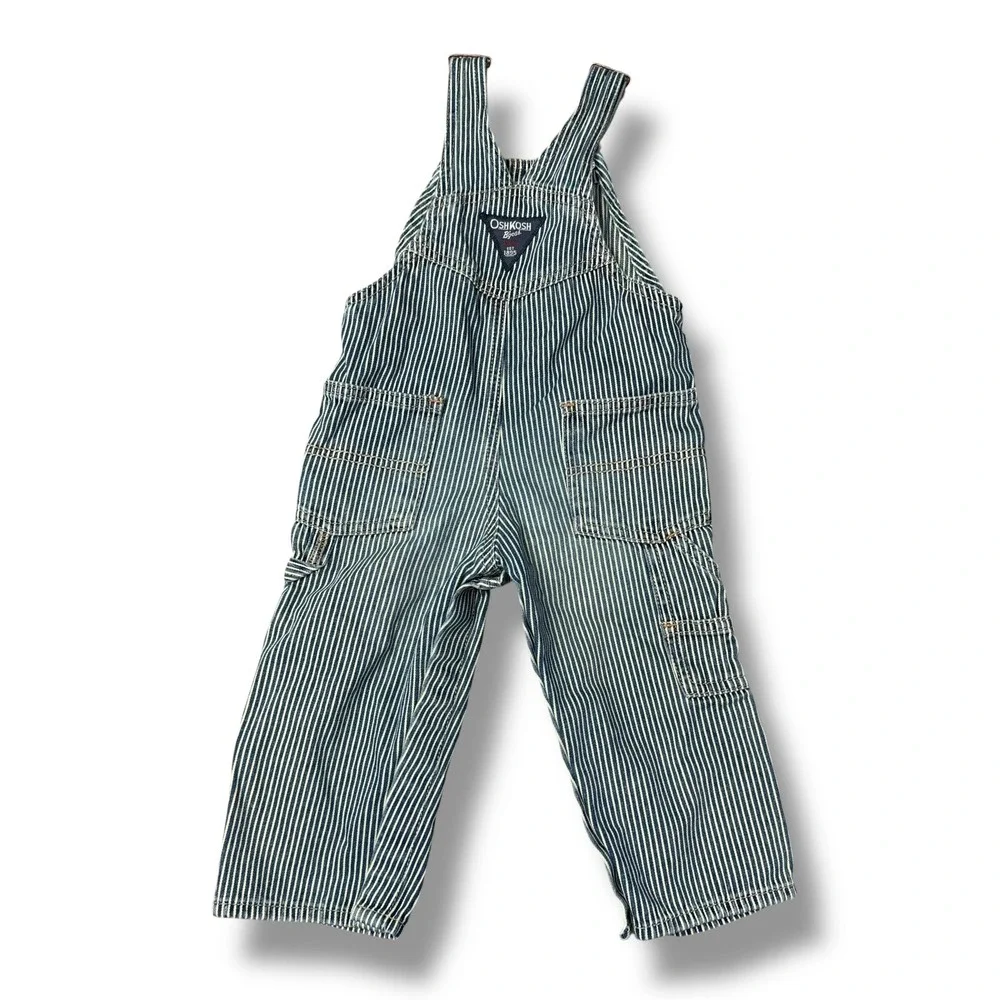OshKosh B'gosh Overalls Kids 18M Blue White Good Hickory Stripe Denim Bibs‎